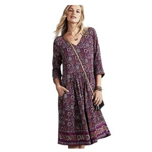 Garnet Hill Boho Purple Orange Floral Paisley Dress V-neck  Knee Length 16